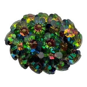 Vintage Green AB Crystal Brooch Floral Cluster Aurora Borealis Silver Tone 2”